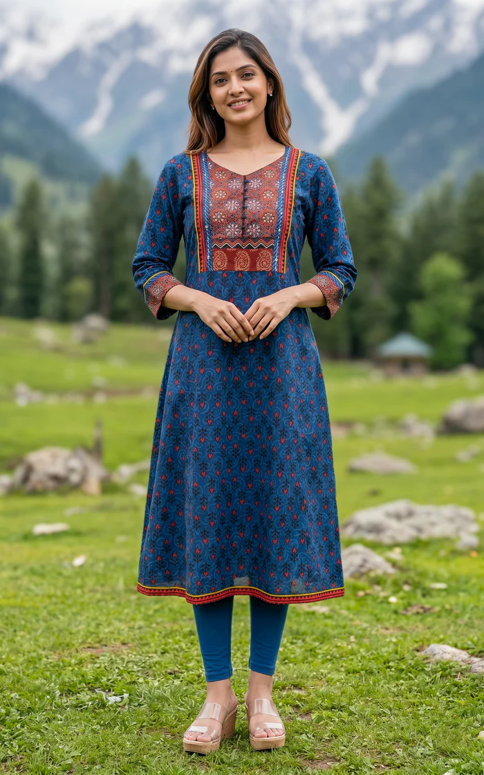 Ethnic Embroidered Straight Kurti Set – Navy Blue & Rust